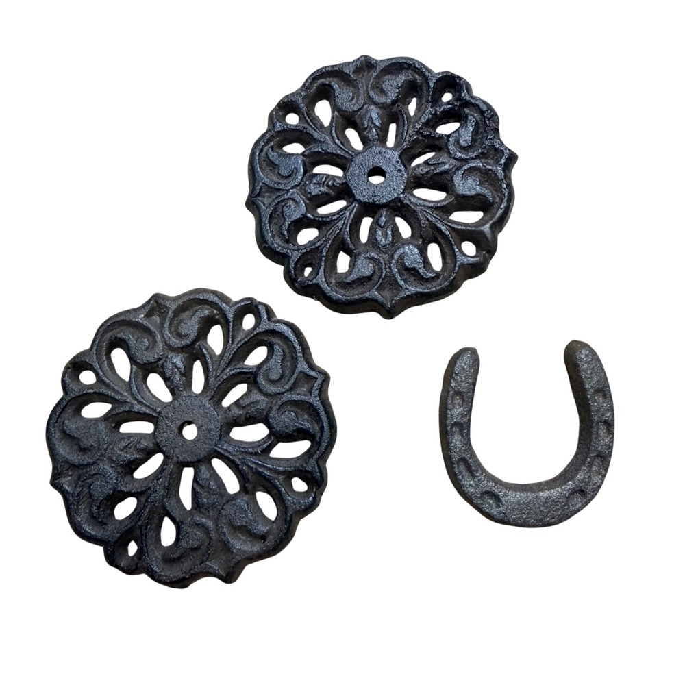 Vintage Style Cast Iron Rosette and Horseshoe Set Rustic Hardware Decor 3pc